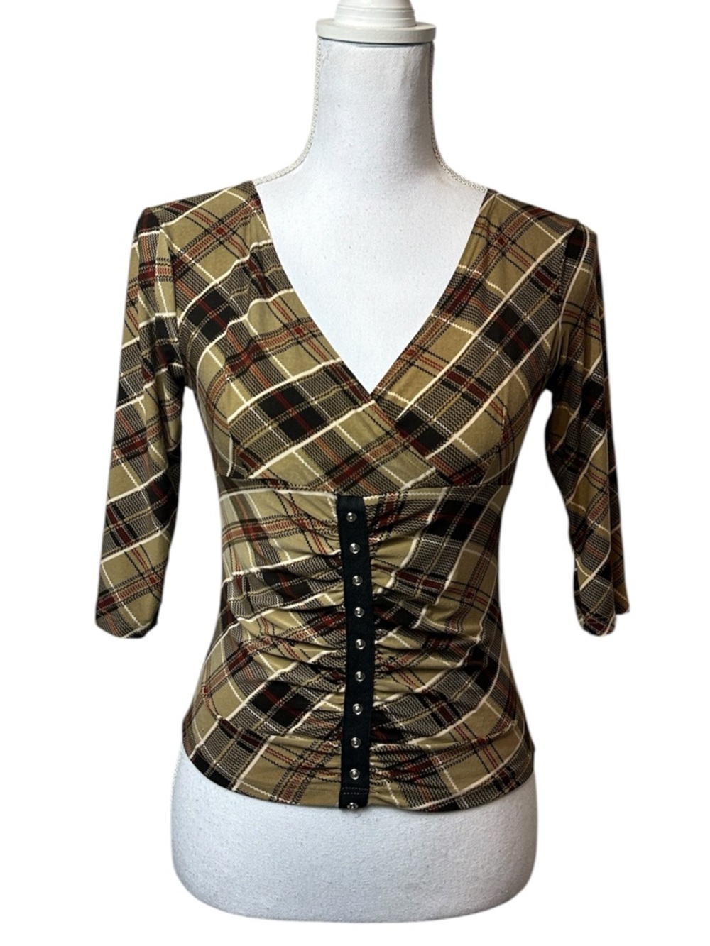 Vintage Y2K Grunge Retro 3/4 Quarter Sleeve Plaid Blouse Button Details Size M